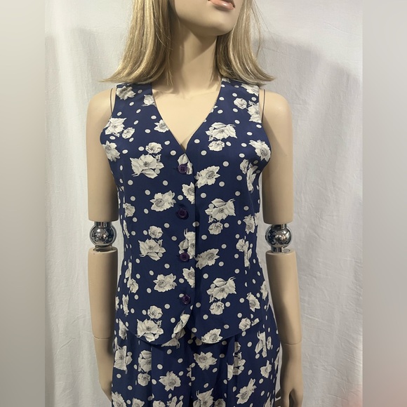 Vintage silk 2 piece Floral Navy set 4 - Picture 2 of 10